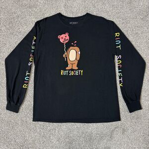 Riot Society Shirt Mens Large Black Long Sleeve Bear Balloon Graphic Streetwear